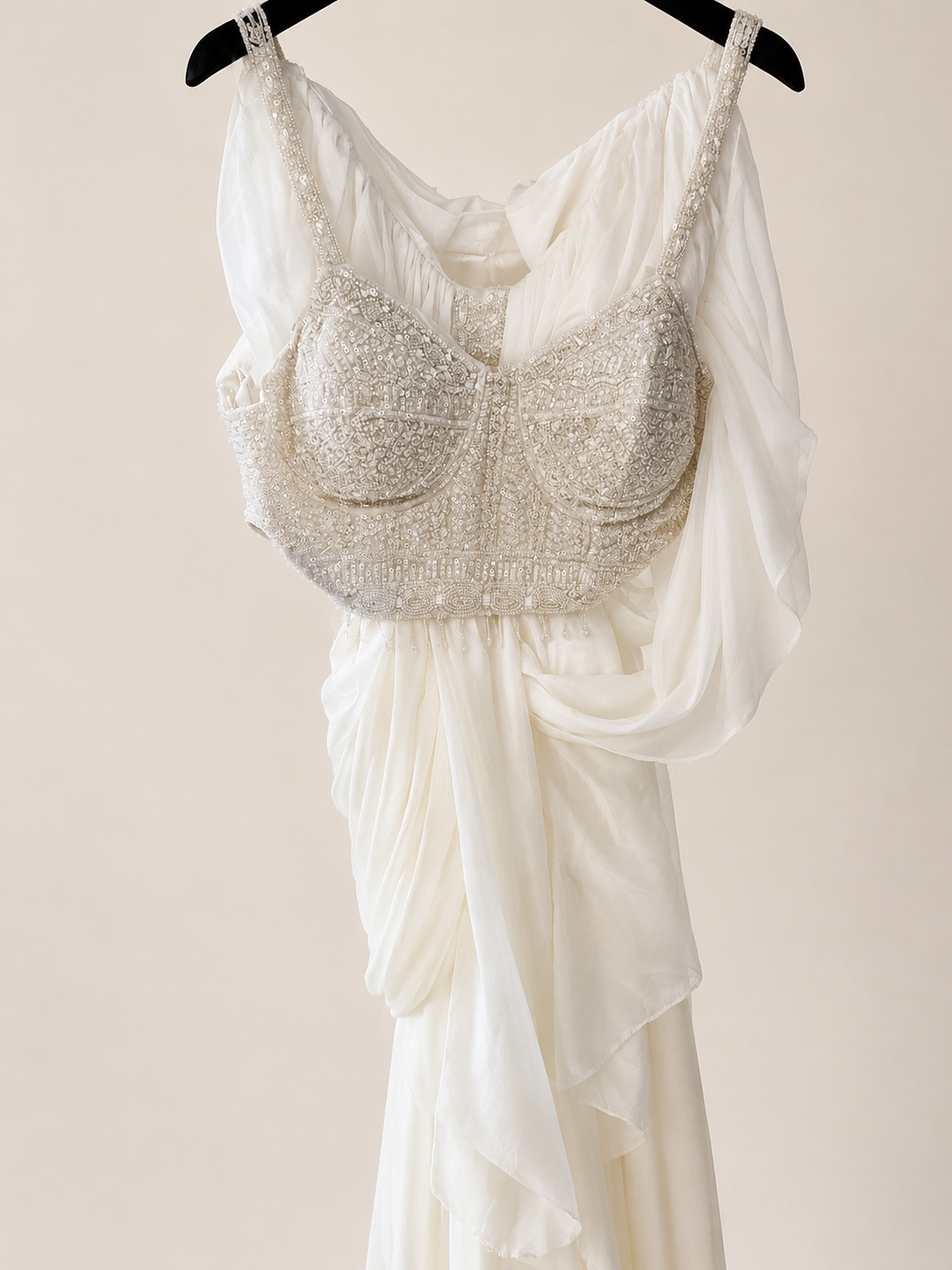 All white Pre-Stiched  sari crop Top cream beaded Straps
