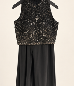 Black Sleeveless Sequence Crop Top Palazzo Set with Choker Dupatta