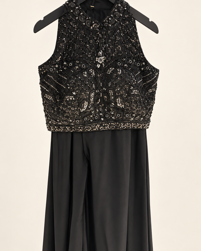 Black Sleeveless Sequence Crop Top Palazzo Set with Choker Dupatta