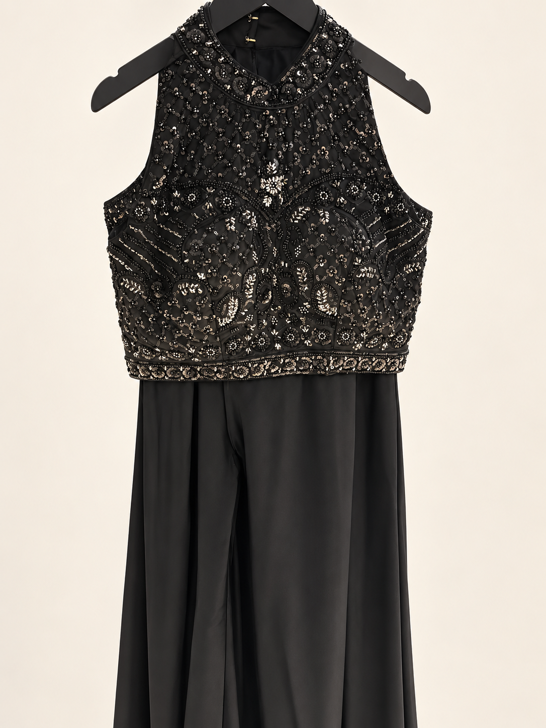 Black Sleeveless Sequence Crop Top Palazzo Set with Choker Dupatta