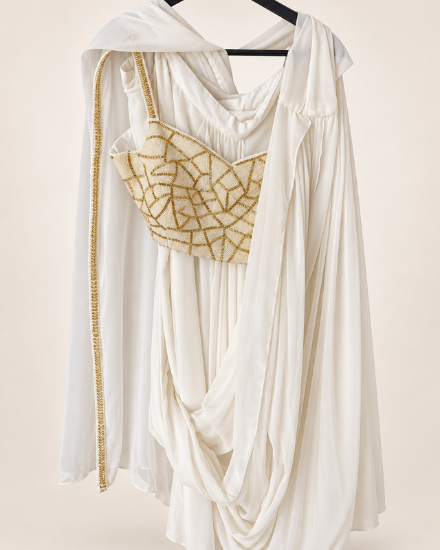 All White with Gold Embroidery palazzo suit Beaded crop top