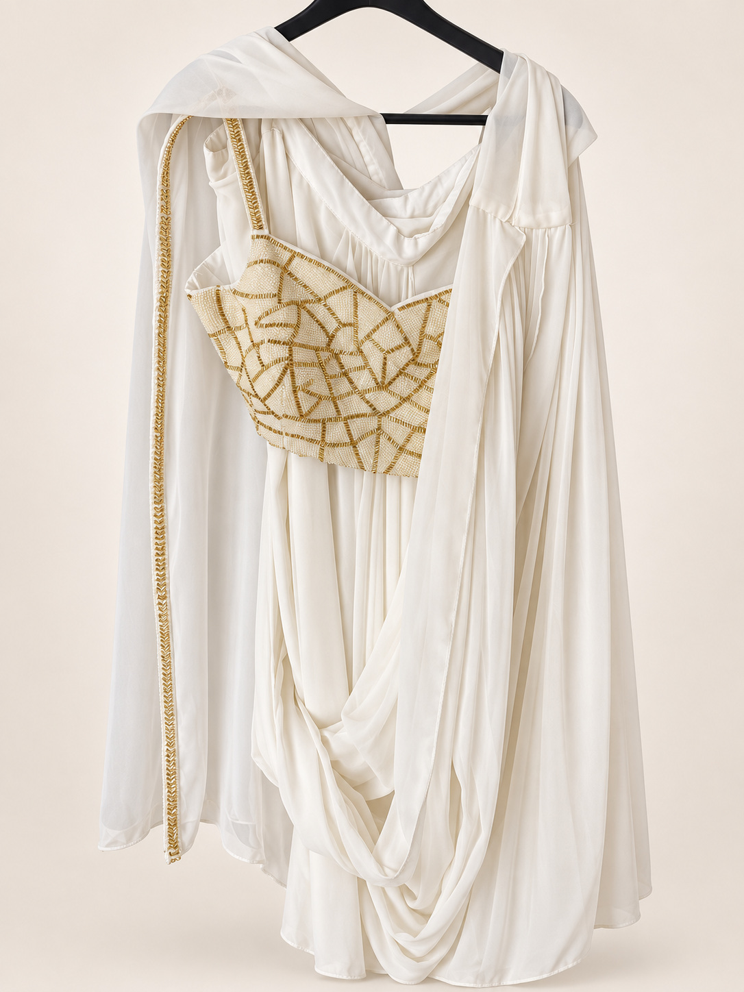 All White with Gold Embroidery palazzo suit Beaded crop top