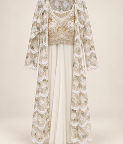 Off White Long Floral See Through Cape Full Sleeve with Crop Top Palazzo Set