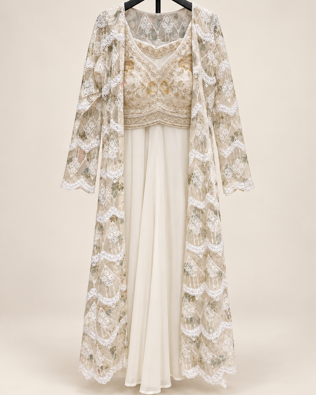 Off White Long Floral See Through Cape Full Sleeve with Crop Top Palazzo Set