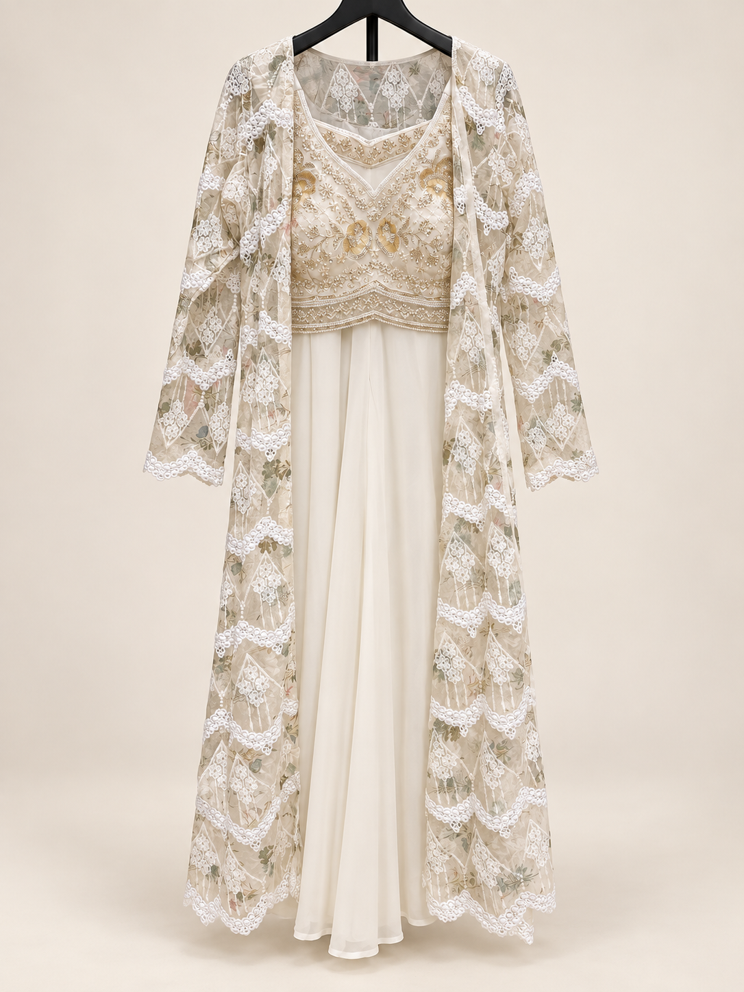 Off White Long Floral See Through Cape Full Sleeve with Crop Top Palazzo Set