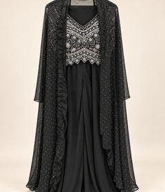 Black Studded Cape Dupatta with Heavy Stone Crop Top Palazzo Set