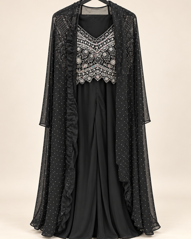 Black Studded Cape Dupatta with Heavy Stone Crop Top Palazzo Set
