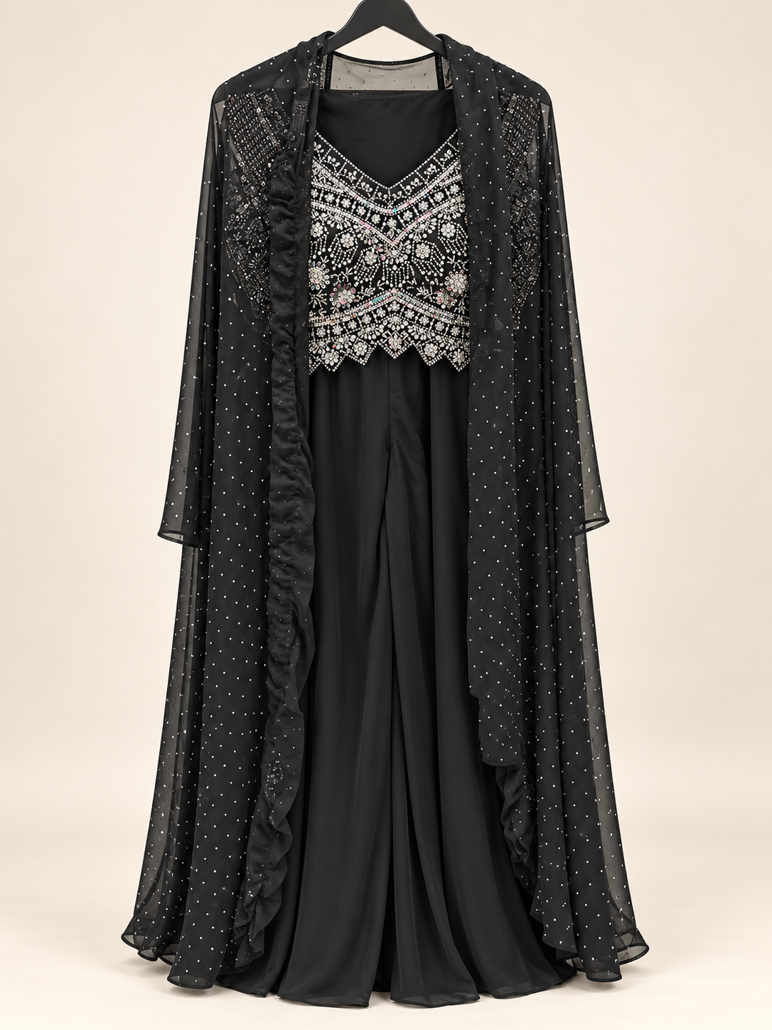 Black Studded Cape Dupatta with Heavy Stone Crop Top Palazzo Set