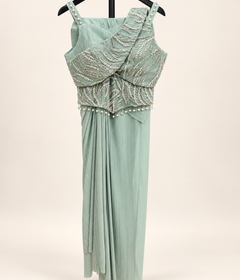 Mint Green Gown Indo Western With Pearl Design and Attached Dupatta