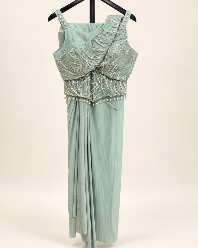 Mint Green Gown Indo Western With Pearl Design and Attached Dupatta