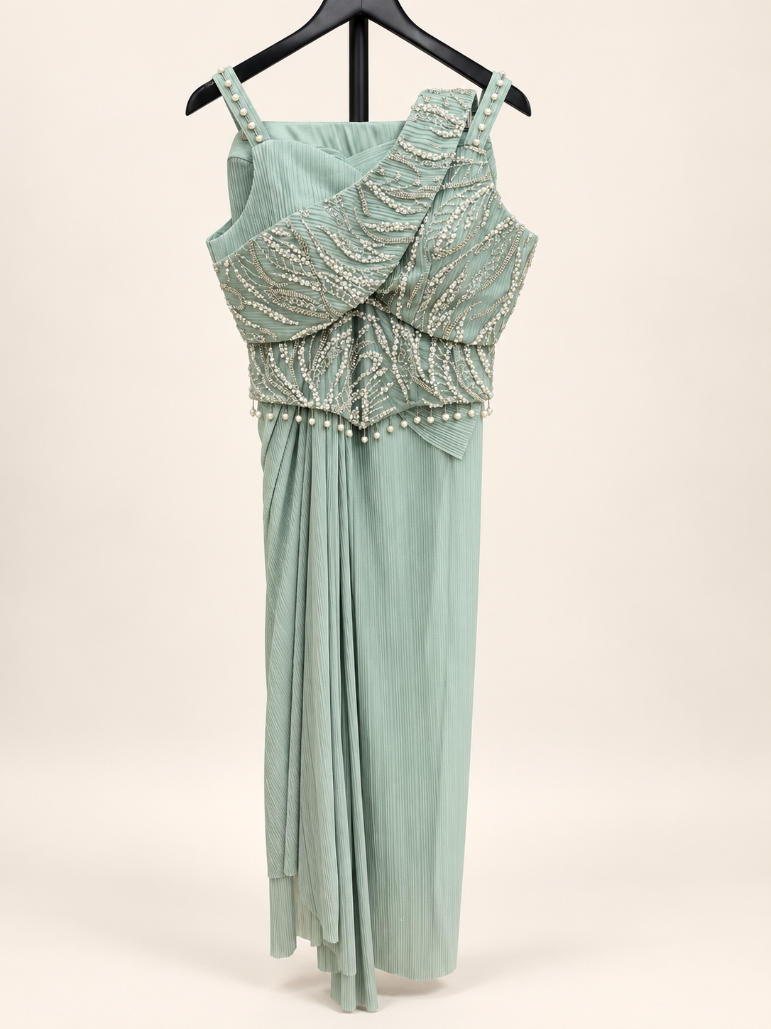 Mint Green Gown Indo Western With Pearl Design and Attached Dupatta