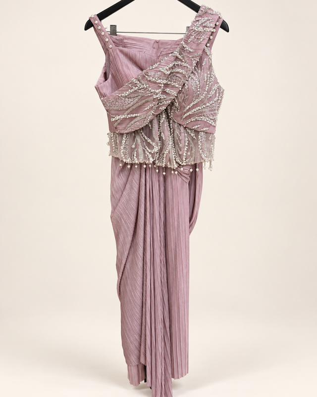 Pink Gown Indo Western With Pearl Design and Attached Dupatta