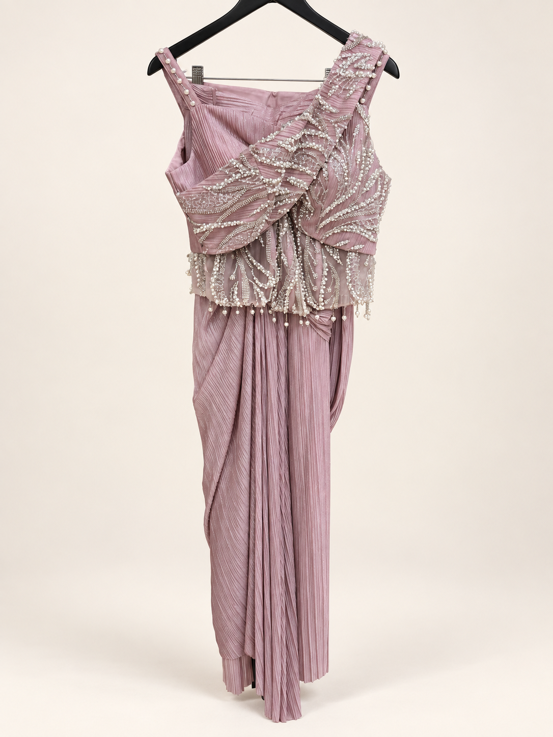 Pink Gown Indo Western With Pearl Design and Attached Dupatta