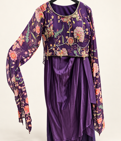 Purple Long Sleeve Floral Tropical Gown Dress