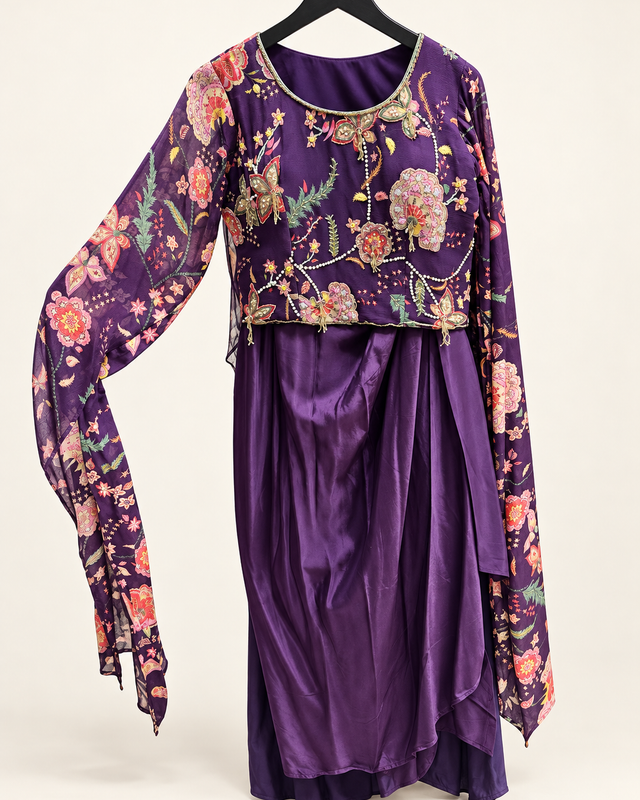 Purple Long Sleeve Floral Tropical Gown Dress