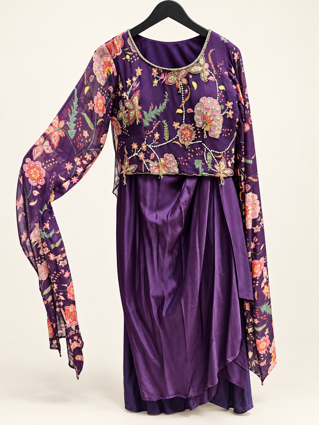 Purple Long Sleeve Floral Tropical Gown Dress