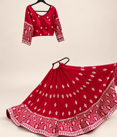 Red and white Dupatta Long Sleeve Navratri Collection Lehenga Set
