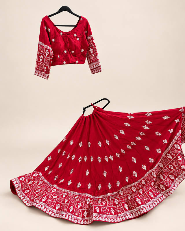 Red and white Dupatta Long Sleeve Navratri Collection Lehenga Set