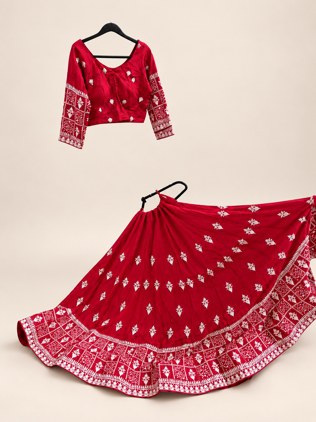 Red and white Dupatta Long Sleeve Navratri Collection Lehenga Set