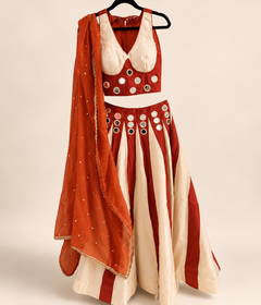 Orange Striped Mirror Work Garba Lehenga Choli