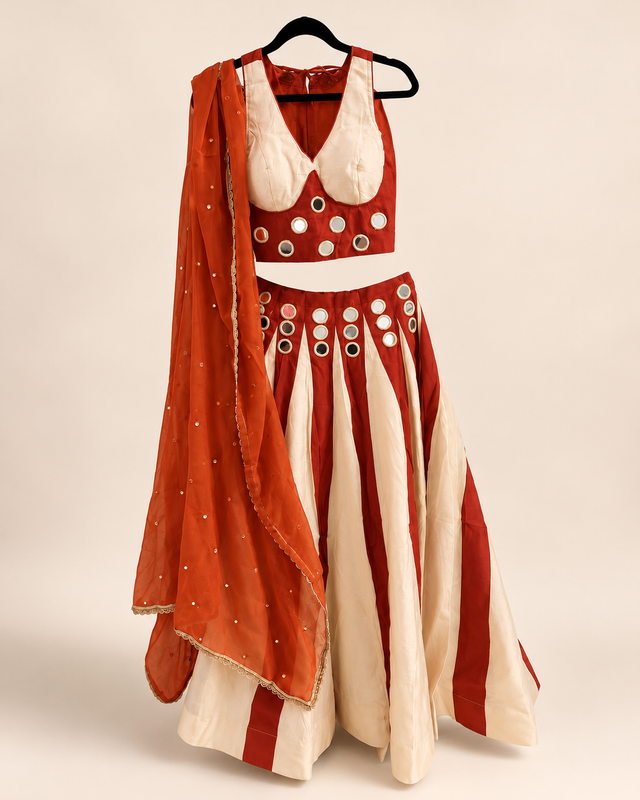Orange Striped Mirror Work Garba Lehenga Choli