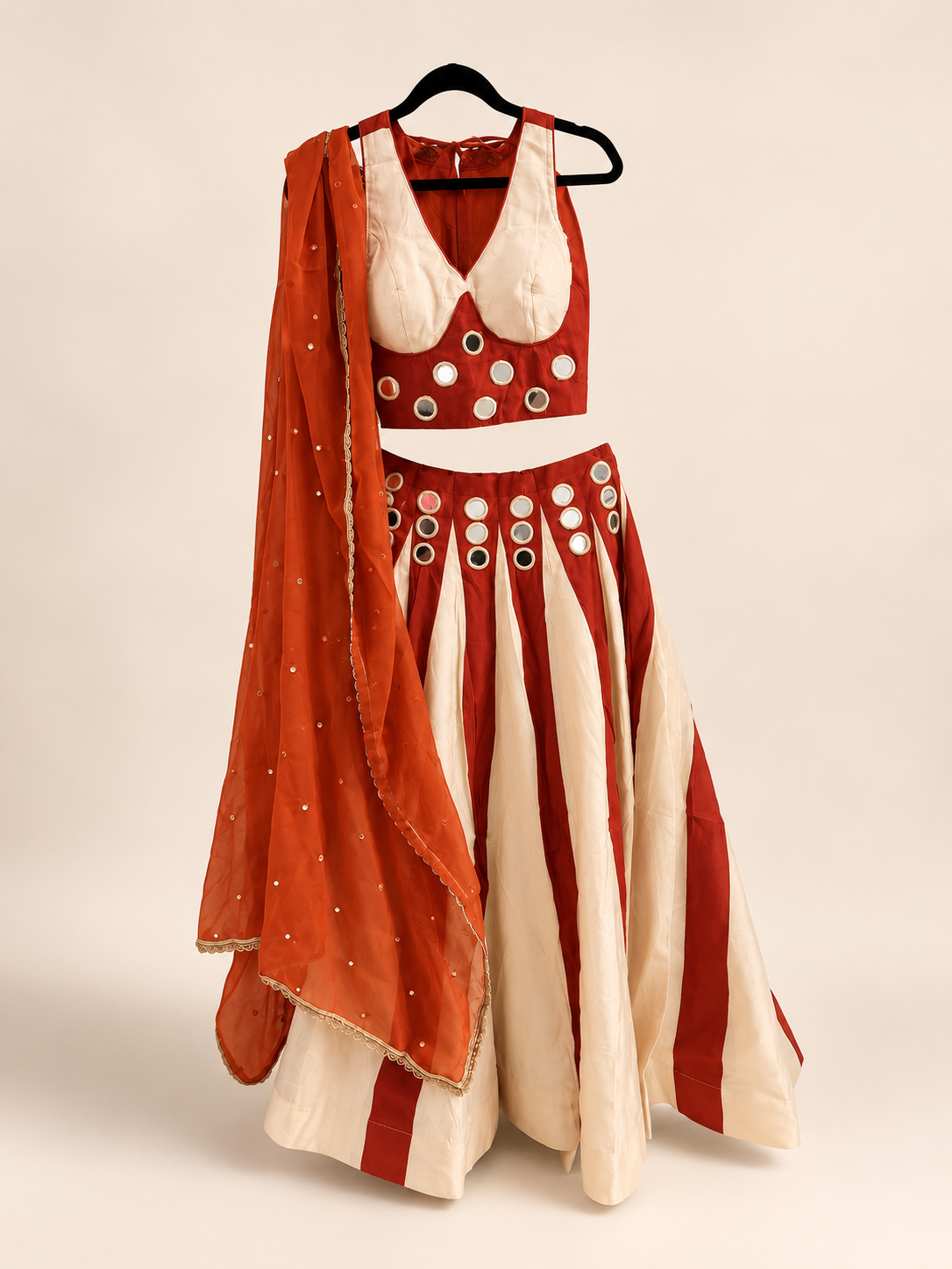 Orange Striped Mirror Work Garba Lehenga Choli
