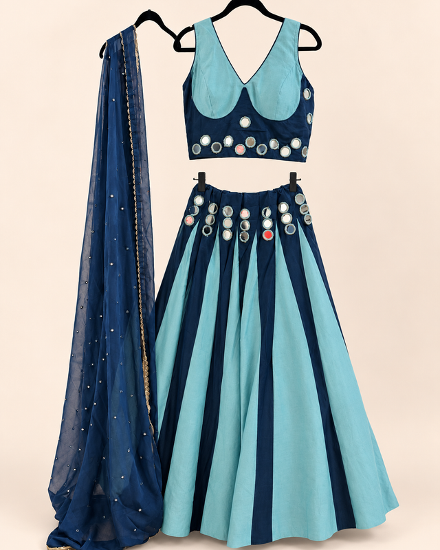 Blue Striped Mirror Work Garba Lehenga Choli