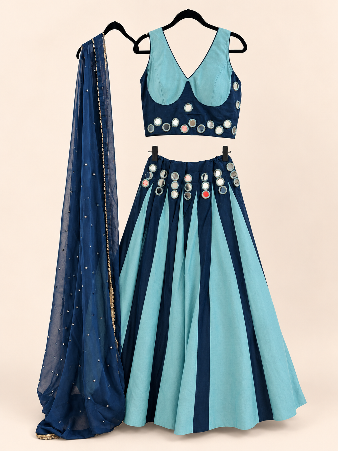 Blue Striped Mirror Work Garba Lehenga Choli