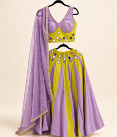 Yellow and Purple Striped Mirror Work Garba Lehenga Choli