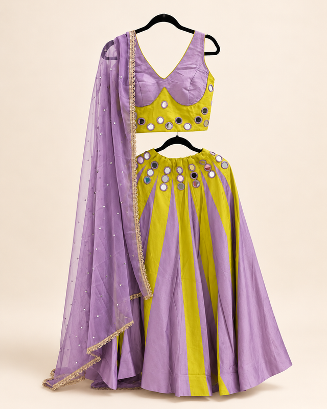 Yellow and Purple Striped Mirror Work Garba Lehenga Choli