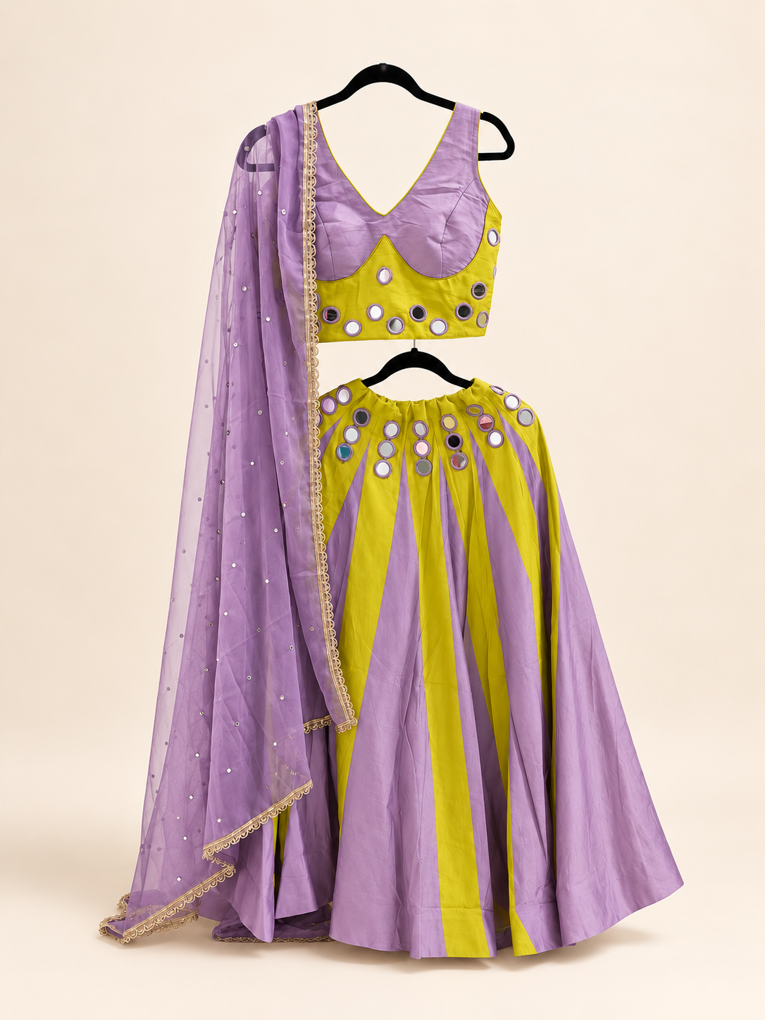 Yellow and Purple Striped Mirror Work Garba Lehenga Choli
