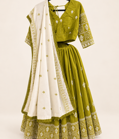 Olive Green and White Dupatta Long Sleeve Navratri Collection Lehenga Set