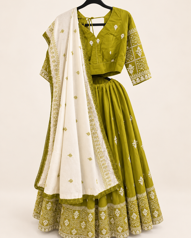Olive Green and White Dupatta Long Sleeve Navratri Collection Lehenga Set