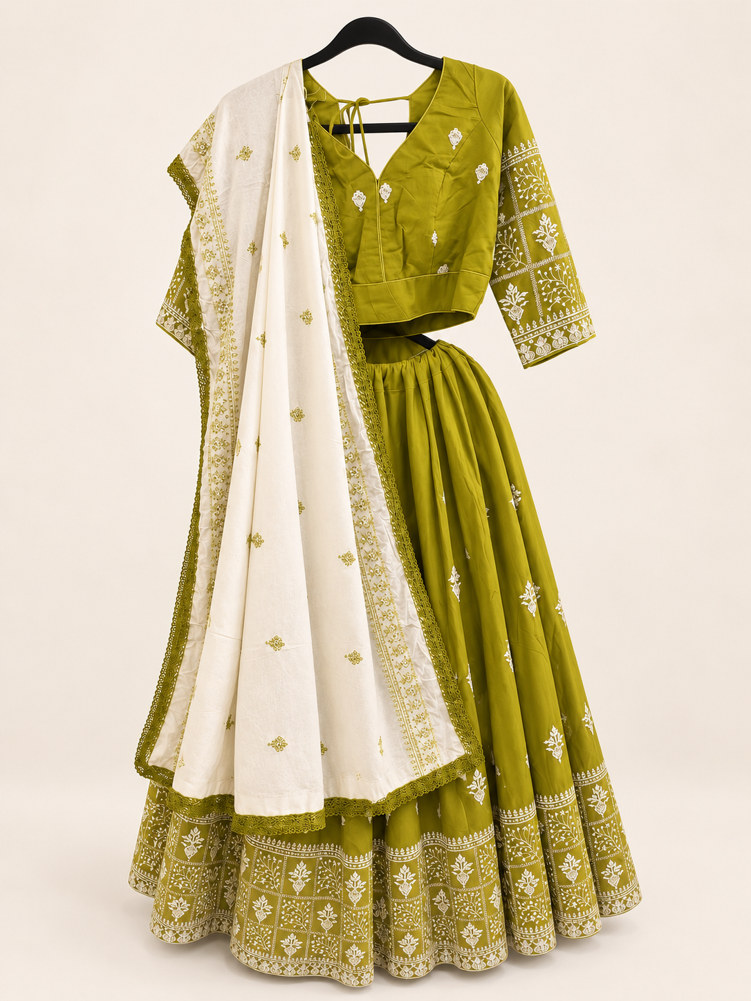 Olive Green and White Dupatta Long Sleeve Navratri Collection Lehenga Set