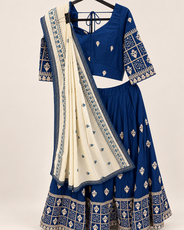 Sea Blue and white Dupatta Long Sleeve Navratri Collection Lehenga Set