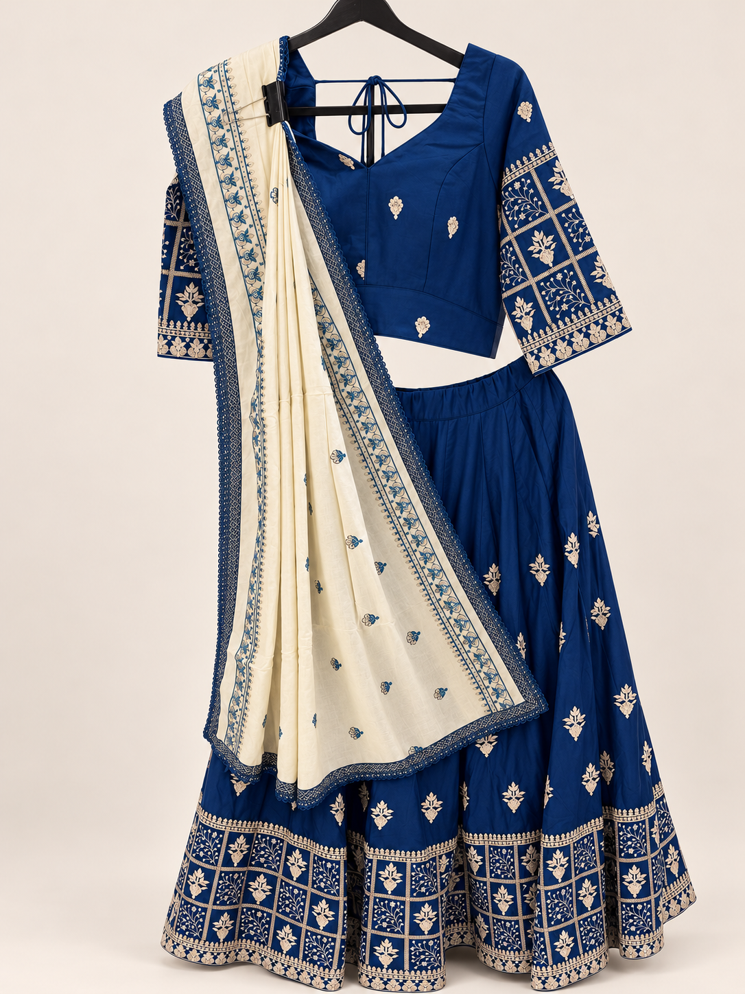 Sea Blue and white Dupatta Long Sleeve Navratri Collection Lehenga Set