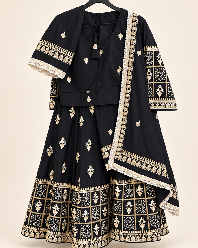 All Black Long Sleeve Navratri Collection Lehenga Set