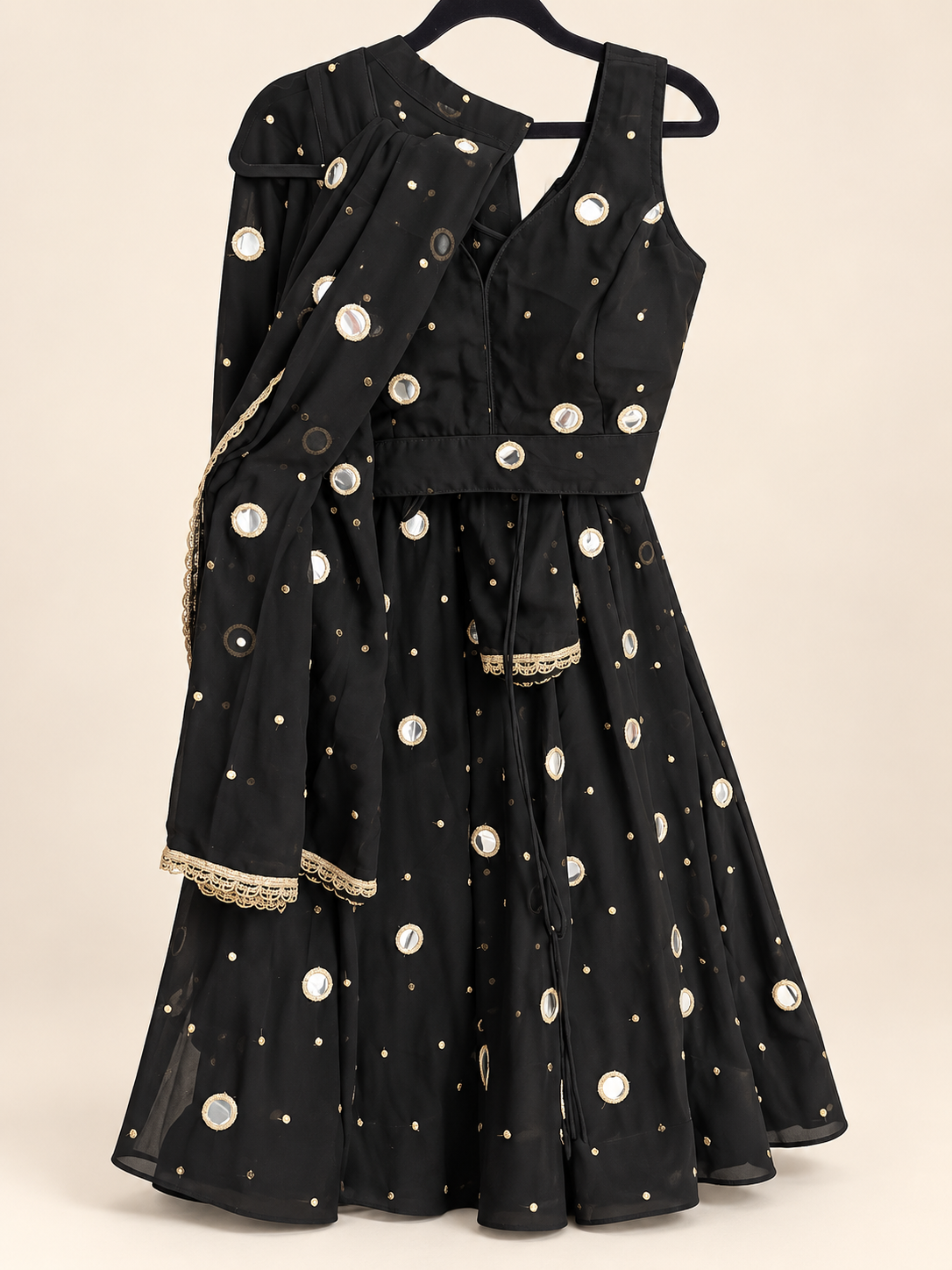 Black Mirror Dupatta Garba Set Sleeveless Blouse Back Criss Cross