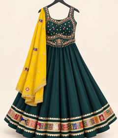 Green Garba Lehenga Set with Yellow Dupatta Traditional Folk