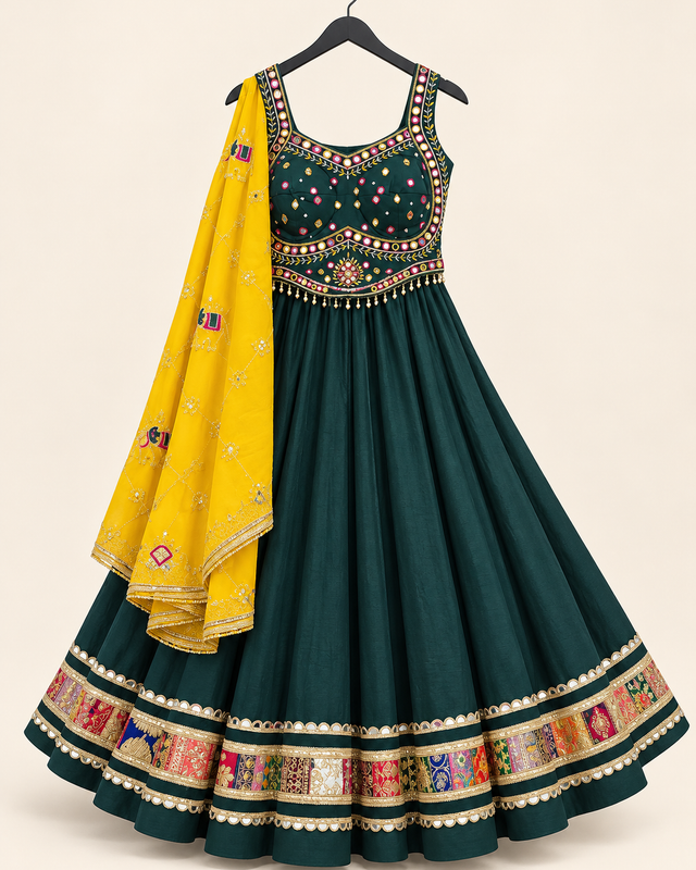 Green Garba Lehenga Set with Yellow Dupatta Traditional Folk