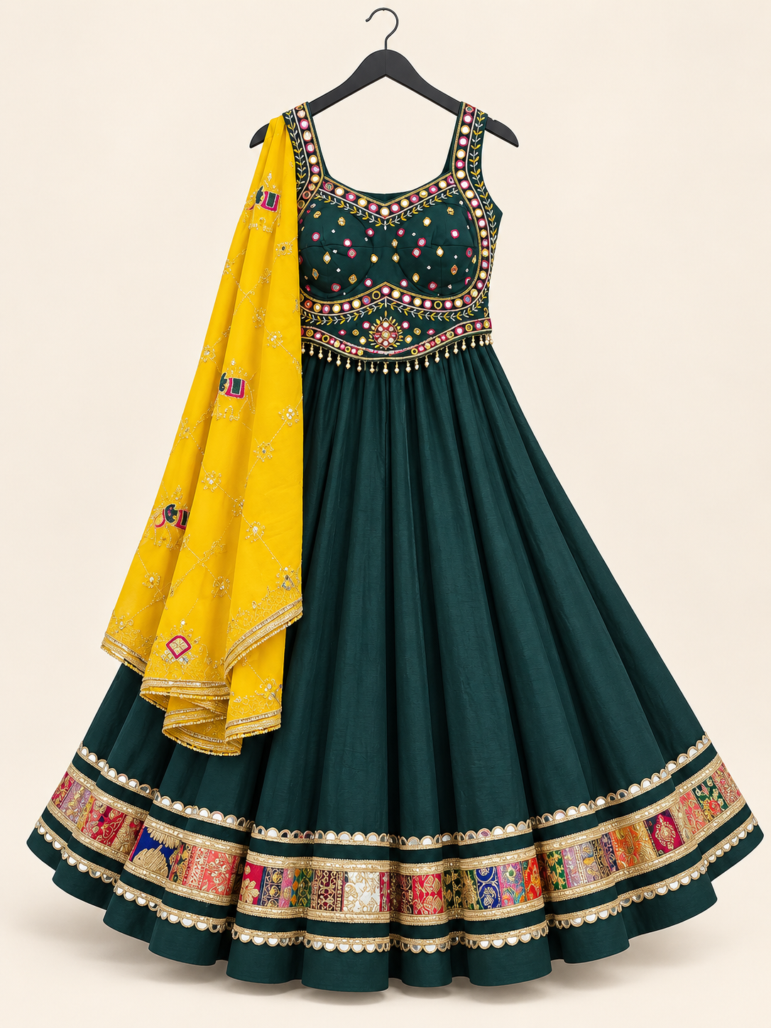 Green Garba Lehenga Set with Yellow Dupatta Traditional Folk