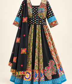 Black Garba Lehenga Set with Peacock Design and Folk Design