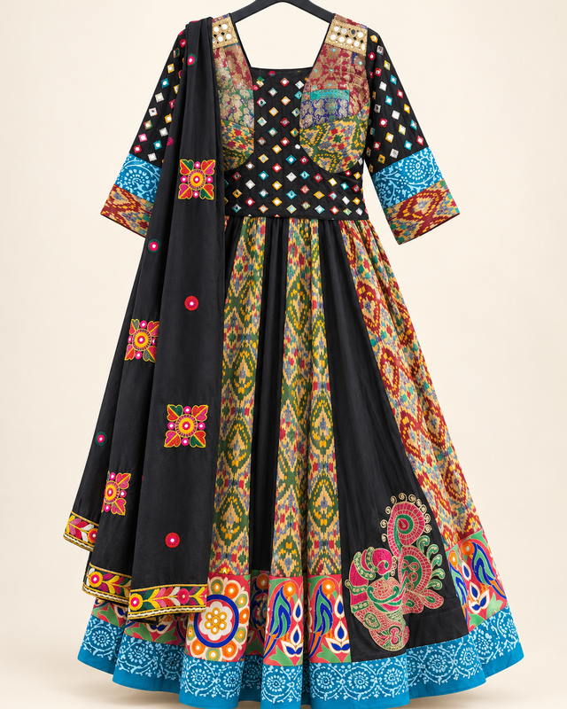 Black Garba Lehenga Set with Peacock Design and Folk Design