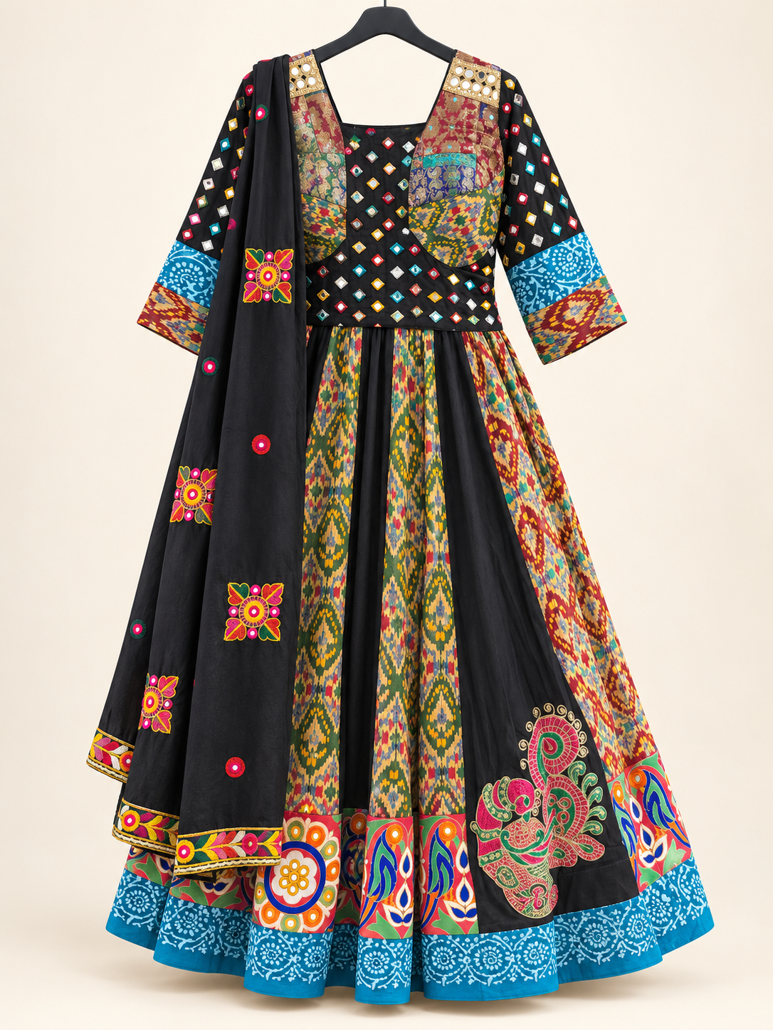 Black Garba Lehenga Set with Peacock Design and Folk Design