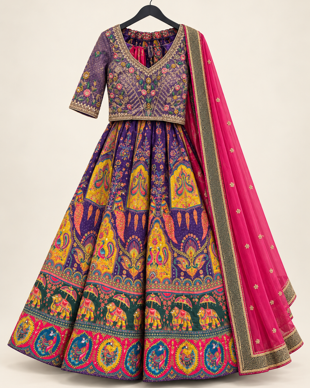 Purple Heavy Traditional with Red Dupatta Lehenga Set