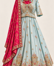 Metallic Sky blue Heavy Lehenga Set with Heavy Work and Red Dupatta