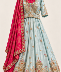 Metallic Sky blue Heavy Lehenga Set with Heavy Work and Red Dupatta