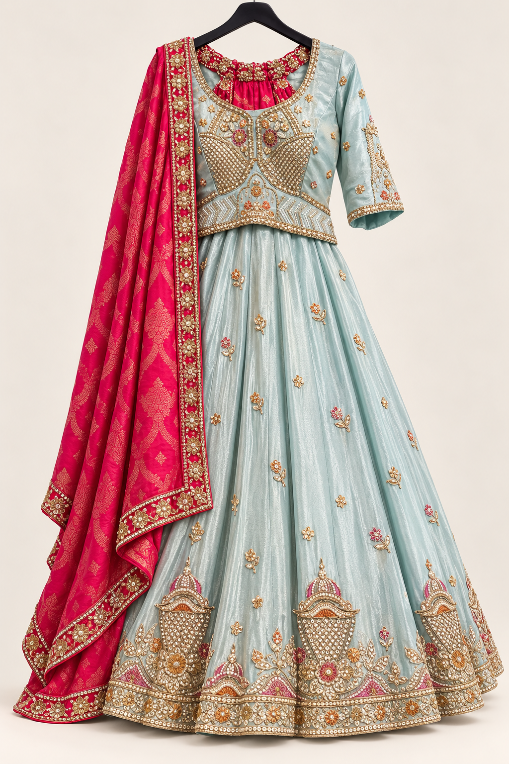 Metallic Sky blue Heavy Lehenga Set with Heavy Work and Red Dupatta