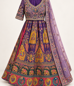 Light Purple With Pastel Floral Work on Skirt and Tassle Dupatta