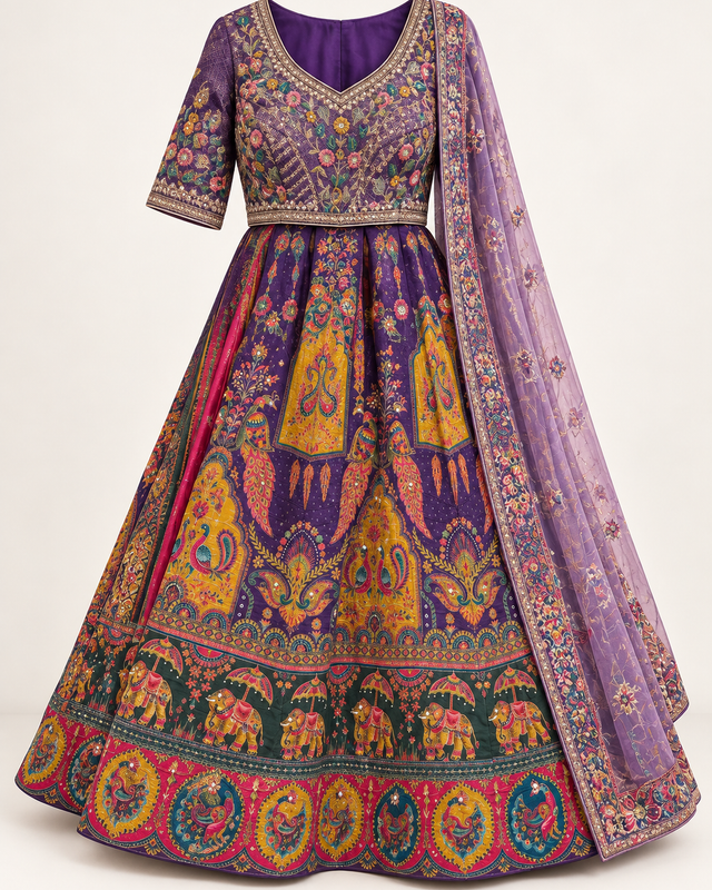 Light Purple With Pastel Floral Work on Skirt and Tassle Dupatta